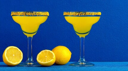 Two margaritas with salt rimmed glasses sit next to lemons on a blue background