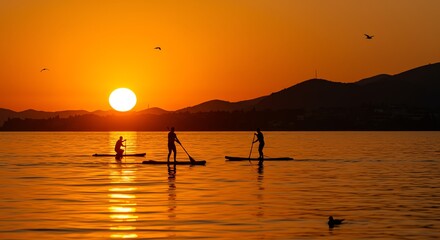Paddleboarders at sunset on calm lake