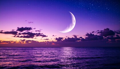 Crescent Moon Over the Ocean at Dusk with Serene Purple Sky, and Tranquil Nature Scene.