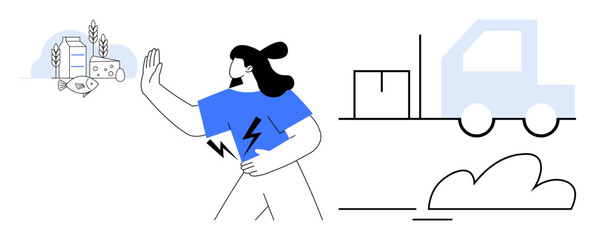 Woman stopping unhealthy choices thumbs up processed snacks, focusing on sustainable goods and delivery options. Ideal for health, sustainability, logistics, decision-making, well-being, ethics