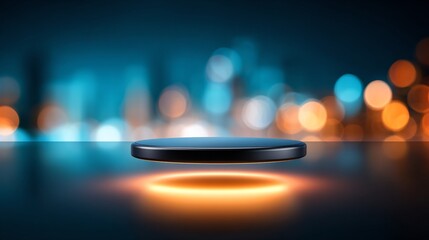 Digital holographic button floating in mid-air above desk with futuristic teal,orange gradient lighting, modern corporate strategy concept showing technology,innovation, virtual,cyber,interface