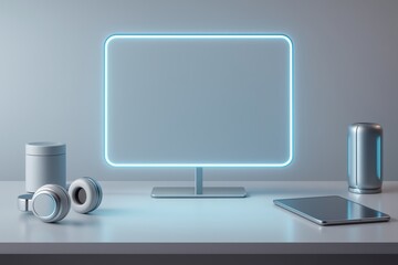 Fototapeta premium AI powered futuristic workspace with glowing holographic frame