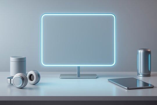 AI powered futuristic workspace with glowing holographic frame