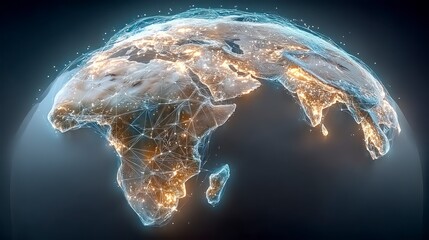 Digital network overlay on illuminated Earth continents showing interconnected global data flow