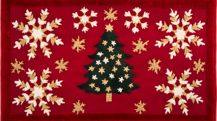 Red Christmas stocking ornament with snowflake and tree design hanging on a decorated tree