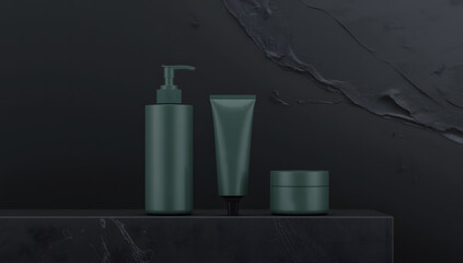 Dark green cosmetic bottles and tube arranged on a dark marble surface against a textured black background.
