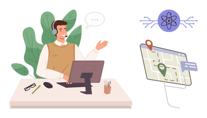 Male employee at desk wearing headset, providing remote assistance with navigation app on screen. Ideal for customer service, tech support, communication, technology, navigation, help desk