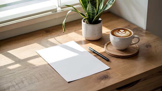 Cozy morning scene with latte art coffee blank paper and pen on a wooden desk by a sunlit window