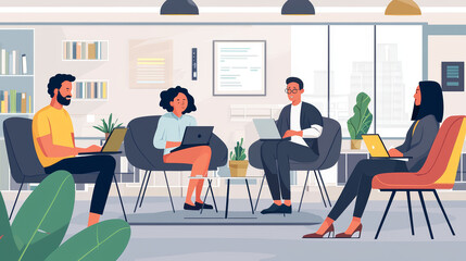 Fototapeta premium An illustration of four diverse people working on laptops in a modern, bright co-working space. They are seated in lounge chairs surrounded by plants and bookshelves, depicting a collaborative environ