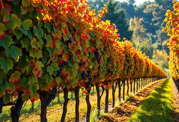 Rows of vibrant grapevines bathed in sunlight, lush foliage, stunning autumn colors, vineyard,  colorful