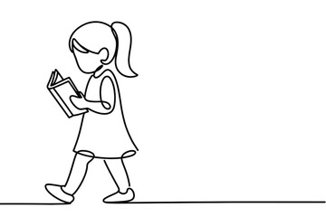 Girl walking and reading a book in a simple line drawing style