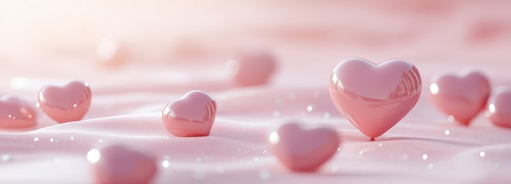 Scattered heart balloons creating a romantic atmosphere in a soft pink setting