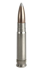 A single, metallic cartridge, or bullet, standing upright against a plain, light gray background. The cartridge consists of two main parts: a shiny, silver-colored casing and a polished, copper.