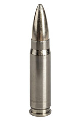 A single bullet, depicted in a realistic style. The bullet has a metallic casing, which appears to be nickel-plated or made of a similar light-colored metal, with a brass or copper-colored projectile 
