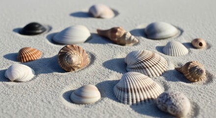 Various Seashells on White Sand, Displaying Natural Beauty and Textural Details