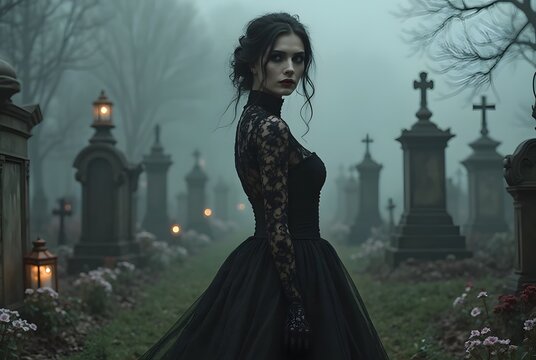 Gothic Bride in Foggy Graveyard: Model styled as a dark gothic bride wearing a lace black wedding dress, posing among tombstones in a foggy graveyard decorated with lanterns and wilted flowers.