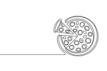 Minimalist continuous line drawing of a pizza with a slice removed