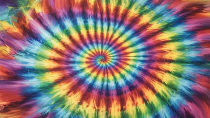 Vibrant psychedelic rainbow tie dye spiral pattern with bright colors creating a mesmerizing and groovy retro abstract background