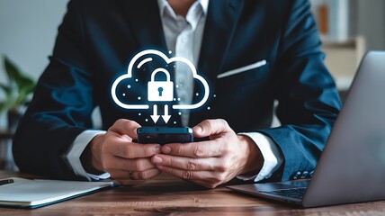 Businessman using smartphone with secure cloud computing icon displaying data transfer and digital security protection concept