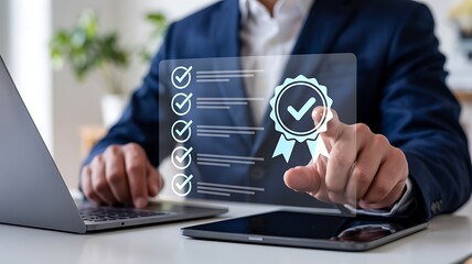 Businessman reviewing digital checklist and award badge on transparent screen symbolizing quality assurance and successful project completion