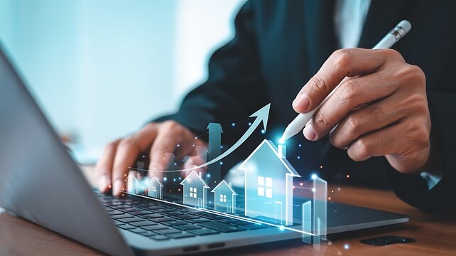 Business professional analyzing financial growth charts and data on a laptop with a stylus for digital investment strategy and planning