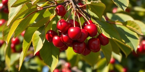 Obraz premium Vibrant red cherries on branch, leaves, shadows, isolated, branch