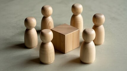 Six wooden peg people figures gathered around a small wooden cube representing a meeting or discussion group