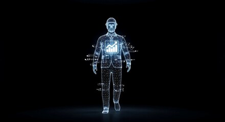 Blue digital hologram of a businessman walking with a financial chart displayed on his chest