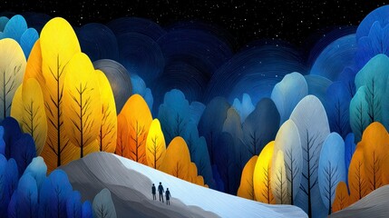 Fototapeta premium Stylized trees in golden yellow and various blue shades beneath a star filled night sky