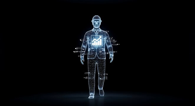 Blue digital hologram of a businessman walking with a financial chart displayed on his chest