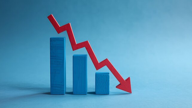 Red downward arrow graph superimposed on blue bar chart indicating financial decline and economic recession on a plain background