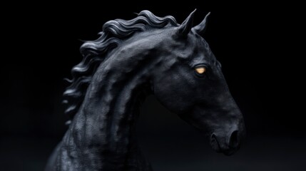 A detailed close up of a black horse's textured head with illuminated yellow eyes
