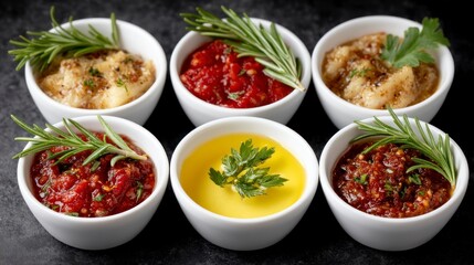 Six small white bowls holding various dips and condiments garnished with fresh rosemary and parsley