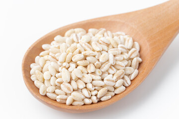 白背景にスプーンに載せた胚芽もち麦のクローズアップ