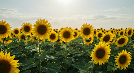 Obraz premium Vibrant Sunflower Field Bathed in Golden Sunlight, showcasing a beautiful summer landscape