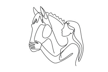 Woman embracing horse in minimalist line art style
