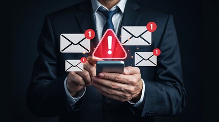 Businessman in suit using smartphone receiving multiple email notifications and a critical alert symbol indicating urgent communication or potential danger