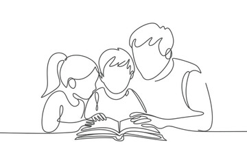 Family reading together a book in a continuous line drawing style