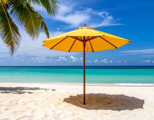 Sunny beach scene with yellow umbrella