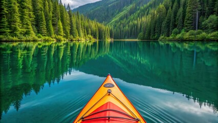 Vibrant kayak glides through tranquil waters surrounded by lush green trees in stunning mountain region, perfect for seasonal kayaking adventures