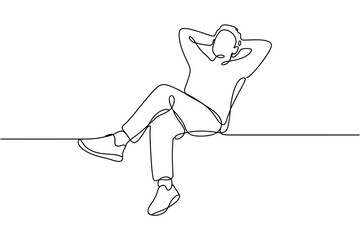 Relaxed person sitting with hands behind head in continuous line drawing style