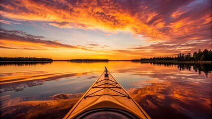 Stunning sunset reflects on calm waters as kayak glides through serene landscape, showcasing beauty of seasonal kayaking in mountain region