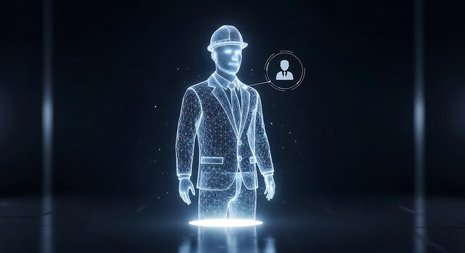 Digital hologram of a person in a suit with a user profile icon
