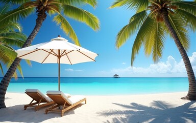 Obraz premium White Beach Umbrella and Palm Trees Casting Lattice Shadows on a Sunny Day. High quality