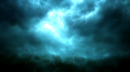 Obraz premium Dramatic thunderstorm clouds with lightning above a field of grass.