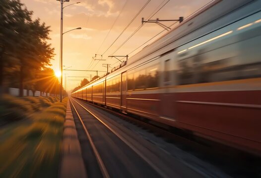 Fast moving train captured with motion blur on railway tracks during sunset
