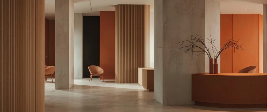 Modern interior design featuring warm terracotta tones.