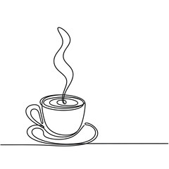 Minimalist one line drawing of a steaming coffee cup on a saucer
