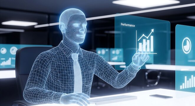 Digital businessman hologram interacting with data analysis charts in a modern office - Powered by Adobe