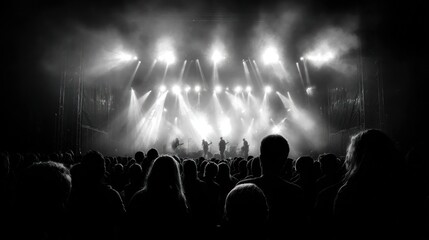 Concert stage glows with bright lights above a crowd, a black and white scene